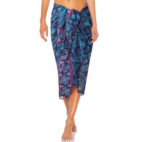 DiULi Playa Falda Envoltura Gasa, 1 Pc Bikini Cubierta Sarong, Falda de Pareo para Mujer, Largo, Chal Verano con Borlas y Patrón de Mandala, Estilo Bohemio, Adecuado para Vacaciones (Azul Pavo Real)
