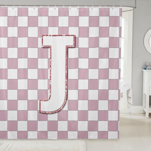 Image of Erosebridal Pink Initial J Bathroom Curtain Kawaii Plaid Checkered Shower Curtain 72 inch Wx78 L Cute Personalized Monogram Bathroom Accessories for Kids Girls,Fashion Grids Gingham Shower Decor