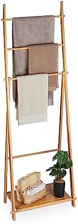 Relaxdays Towel Rail with 1 Shelf Made of Bamboo, 4 Bars, 153 x 53.5 x 30 cm, Freestanding, Towel Holder for Bathroom, Natural, 153 x 53 x 30 cm