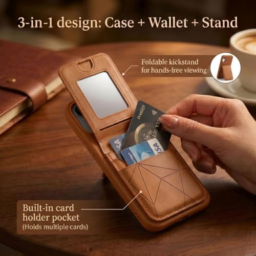 Image of amazon basics Premium Vegan Leather Back Cover with Card Holder and Integrated Mobile Stand for iPhone XR - Slim Shockproof Wallet Case with Geometric Stitching [Tan]