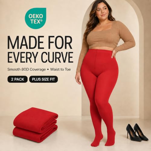 Image of Citystl 2 Pack Plus Size Tights for Women, 80D Opaque Control Top Pantyhose