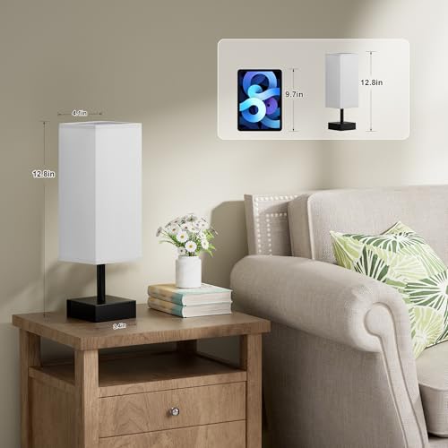 Image of aooshine Small Bedside Table Lamp for Bedroom - Square Grey Fabric Shade | Inline Rocker Switch, Corded Electric, Bulb Not Included, 12.8 inch Mini Table Lamp for Nightstand, Desk, Dorm, Office