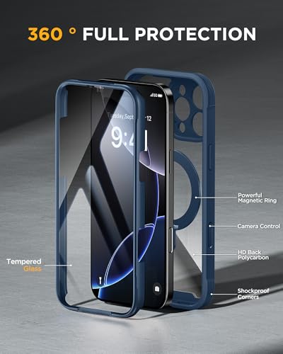 Image of Miracase for iPhone 16 Pro Max Case with 360 Magnetic Ring Stand [Compatible with Magsafe] Full-Body Drop Proof Bumper Phone Case with Built-in 9H Tempered Glass Screen Protector,Blue
