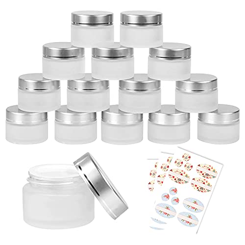 15 Pack 1oz/30g frosted Round Glass Jars - Empty Cosmetic Refillable Containers with Inner Liners, Silvery White Lids…