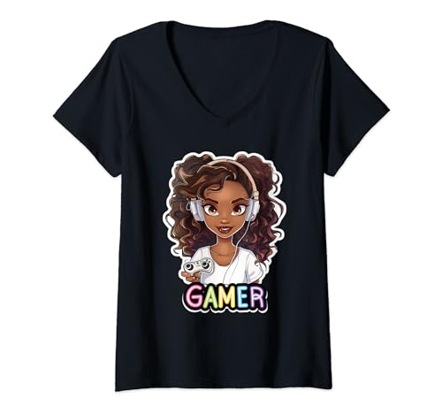 Femme Black Girl Gamer Anime Melanin Sista Girl Afro Magic T-Shirt avec Col en V