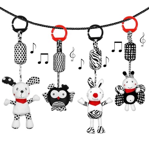 Image of Hanging Baby Toys Hanging Rattle Toys for Baby 3 6 9 to 12 Months Crib Car Seats Stroller Toys Plush Animal Squeaky Sensory Toys for Newborn, Dog, Rabbit, Bee, Owl (Pack of 4)