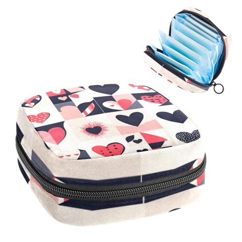 Portable Sanitary Napkin Storage Bag, Menstrual Cup Pouch Feminine Menstruation Pads Bag for Teen Girls, Tampons First Period Kit, Geometric Cute Love Symbols