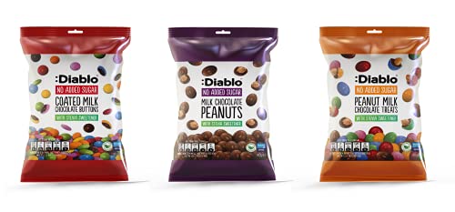 Diablo 3-in-1 No Added Sugar Chocolate Treats - Sweetened with Stevia Low Sugar Chocolate Nuts Snack Mix Great for Gift Hampers Holidays Birthdays & Christmas 40g Pack of 3