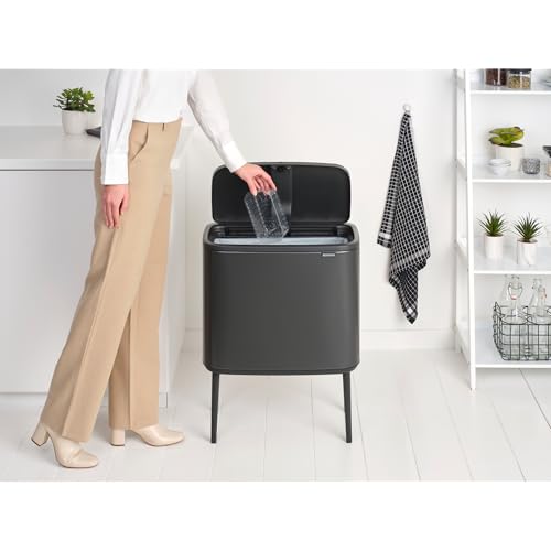 Image of Brabantia Bo Touch Top Kitchen Trash Can with Single Compartment & Raised Legs | Confident Gray | 9.5 Gal Inner Bucket | Soft-Close Garbage Can, Stay-Open Lid | Fits Against Wall | + Trash Bags