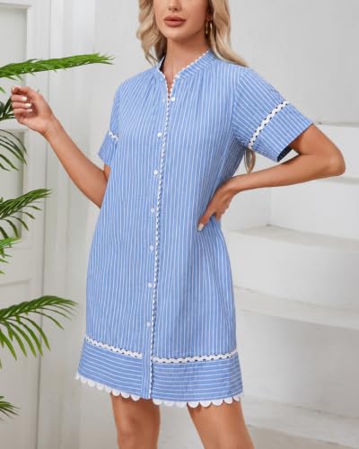 Image of Women's Summer Shirt Dress Short Sleeve Button Down Mini Tie Waist Belted Tunic with Pockets RIC Rac Trim
