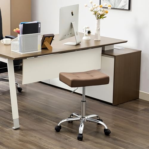 FIRAVOE Ergonomic Desk Stool with Wheels (Adjustable Height 17"-21") (300lbs Capacity) Faux Leather Office Stool (Coffee Brown)