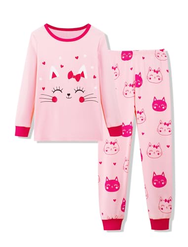 Mikrdoo Girls Pajamas Cute Crew Neck Tween Girl Pajamas Fashion Long Sleeve Pink Cat Kids Pjs Cotton Sleepwear Set Size 10