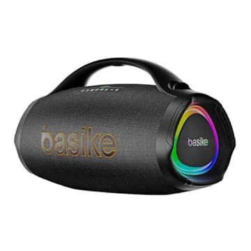 Caixa de Som Bluetooth 5.3 Basike, Caixa de Som Portáteis Bluetooth 300W RMS, Alto/Bass Potente, IPX6/TWS/EQ, USB/TF/AUX, Iluminação RGB Rítmica para Casa, Carregamento Rápido, Uso ao Ar Livre, Festa