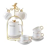 RTG Espresso-Kaffeetassen-Set mit Gestell 12-teilig , Englische Porzellantassen und Untertassen mit 6 Löffeln 1 Teekanne , Leicht zu reinigendes Büro zu Hause , Einfaches handgezeichnetes Goldschwarz