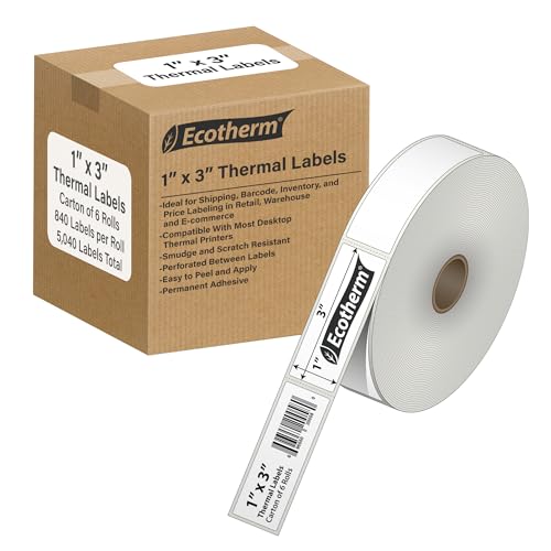 1" x 3" Thermal Labels | 6 Rolls | 5040 Labels | fits Zebra, Godex, Arkscan, iDPRT, Offnova Thermal Label Printers and More | Blank White Adhesive Stickers by Ecotherm by Ecotherm - Used condition - US$15.32