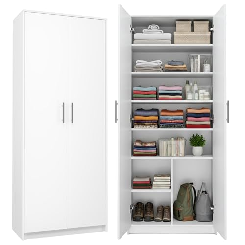 Home Collective Schrank Mehrzweckschrank weiß 74cm Breite 180cm Höhe mit sechs Einlegeböden und Extra-Fach, Aktenschrank Haushaltsschrank Organizer aus MDF Holz