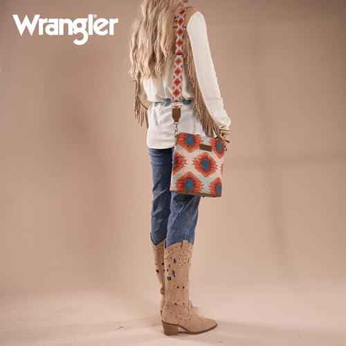Wrangler Aztec Crossbody Bags for Women Southwestern Print Canvas Shoulder Purse with Distressed Look and Adjustable Strap2