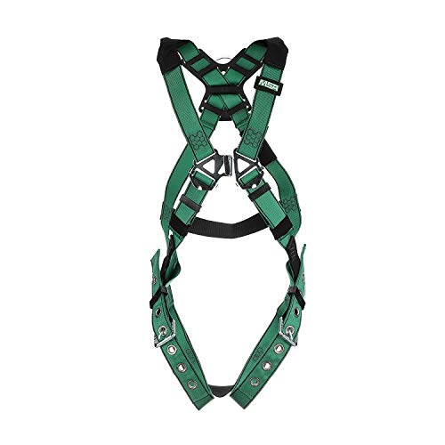 MSA 10197215 V-Form Full Body Safety Harness - Size: Standard (Medium), D-Ring Configuration: Back/Hip, Tongue Buckle Leg Straps, Color: Green, Full Body Harness, Durable