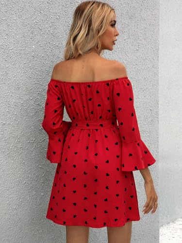 Image of Off Shoulder Ruffle Dress for Women, A-Line Mini Dress with Belt, Fitted Bust Summer Wedding Guest Dress