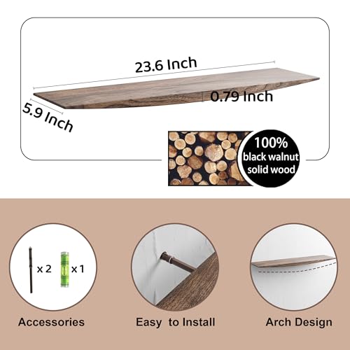 Image of 24'' Black Walnut Floating Shelves - 6 Inch Deep Solid Wood Floating Shelf for Wall, Rustic Zen TV Shelf Wall Mounted, Live Edge Shelf with Invisible Brackets for Living Room, Bedroom, Kitchen.
