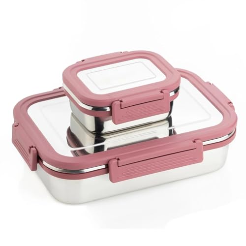 Image of Premium Stainless Steel Lunch Box, 700ml + 200ml, Leakage Proof /Airtight Containers Lunch /Tiffin Box for School, Office Use, Bento Lunch Box for Kids /Boys /Girls, 4 Side Clip Lock Lid (Pink)