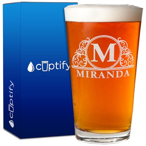 Personalized Beer Glass Elaborate Circle Monogram Initial and Name Laser Engraved 16 oz Pint Drinking Glasses Customized Mug Birthday Gift for Men and Women