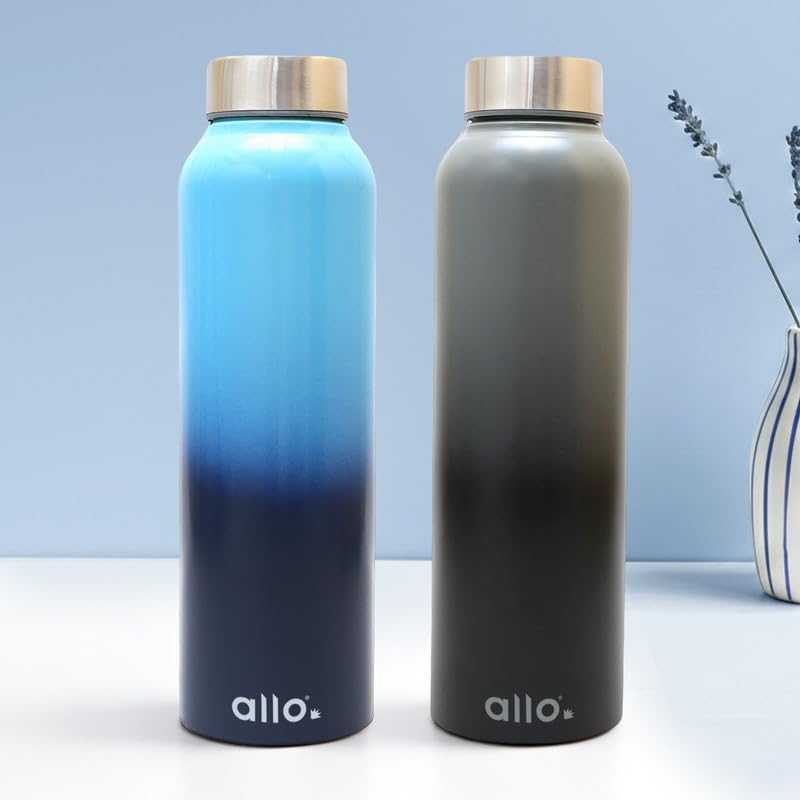 Image of Allo Stainless Steel Water Bottle For Adults, Kids 1 Litre Water Bottles For School, Office, Sports, Gym 1L Water Bottle For Men And Women, Pack Of 2| Leak Proof, Bpa Free, Light Blue & Dark Grey