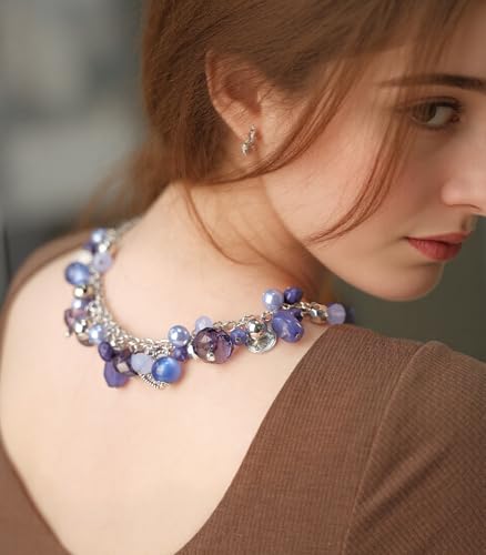 Chunky Beaded Statement Necklace for Women Boho Silver Pendant Collar Necklace Costume Jewelry Birthday Gifts for Her4