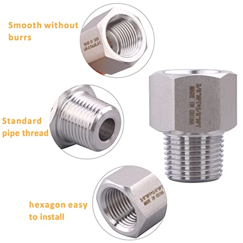 Image of Forged Reducer Adapter Fitting - Stainless Steel 304 Reducing Pipe Connector, 3 /8 inch NPT Female x 3 /8 inch NPT Male (pack of 2)