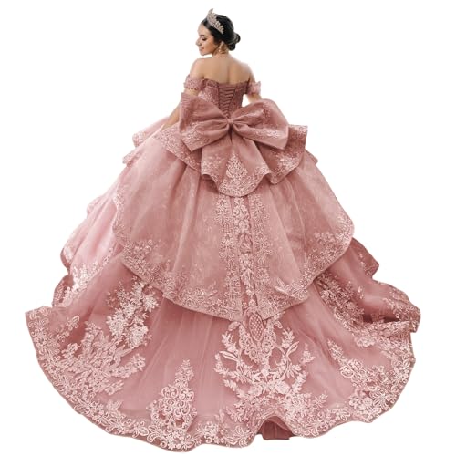 Mouccy Sweet Layered Tulle Quinceanera Dresses with Train Dusty Rose