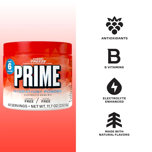 Image of PRIME Hydration+ Electrolyte Powder, Cherry Freeze, Sugar Free Hydration Drink Mix with Potassium, Magnesium & B Vitamins to Replenish Fluids, Caffeine Free, 6 Gallon Tub, 48 Srv