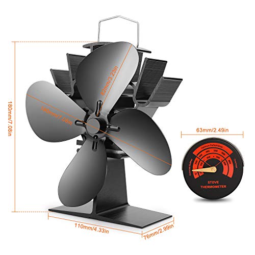 CWLAKON Heat Powered Stove Fan-2020 Upgrade Designed Silent Operation 4 Blades with Stove Thermometer for Wood/Log Burner/Fireplace-Eco Friendly and Efficient Heat Distribution(Black) - Thumbnail 7
