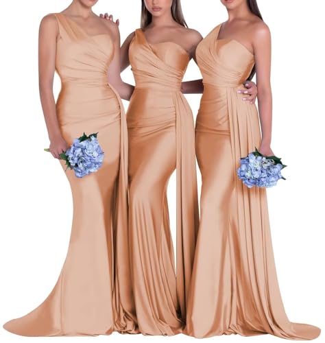 Image of One Shoulder Bridesmaid Dresses for Wedding Long Satin Bodycon Prom Dress Mermaid Formal Evening Gowns