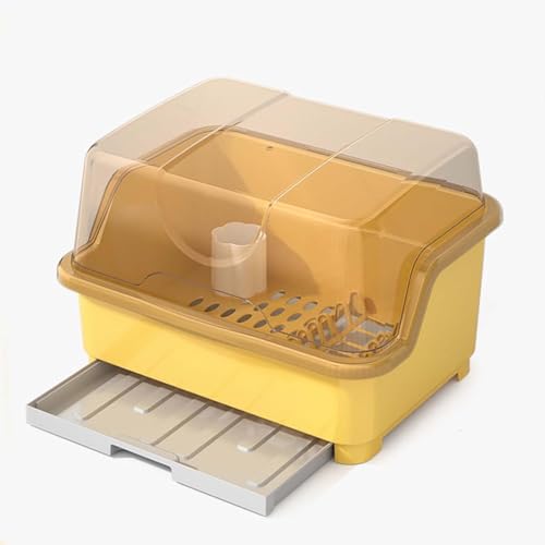 水切りかご 食器収納ボックス 食器 水切り 食器棚 フード付き 箸立て付き 防塵 防汚 多機能 大容量 取り外し可 水切りラック 引き出し キッチン収納 お掃除用 家庭用 業務用 キッチン床置き防塵カバー付き水切り器 (イエロー,X-Large)