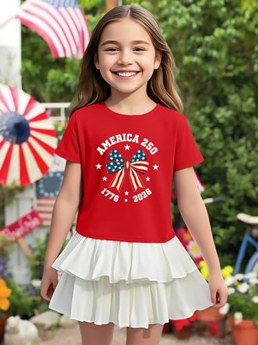 Image of VVNTY Girls American Flag Crop Tops Kids USA Crop Shirt Patriotic 4th of July Tops 5-14 Years