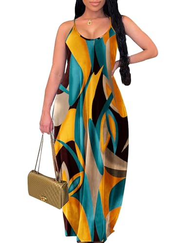 Image of Summer Dresses for Women Spaghetti Strap Beach Floor Length Maxi Sundresses | Floral Print,Casual,with Pockets