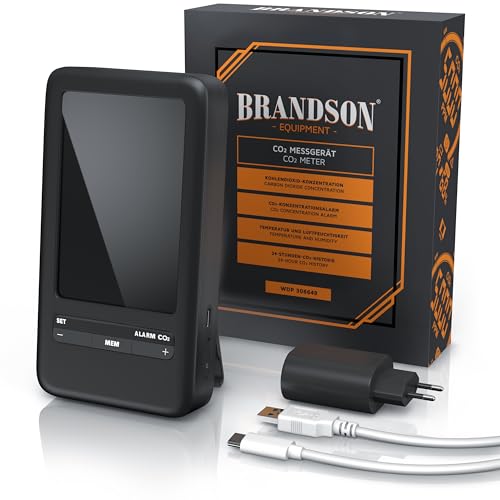 Brandson - CO2 Melder Messgerät – Kohlendioxidmessung PPM – CO2 Melder mit Akku 2000 mAh – Alarm – Wecker mit Schlummerfunktion – Temperatur Uhrzeit Luftfeuchtigkeit – schwarz