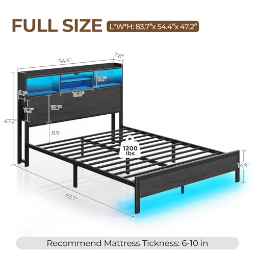Image of Rolanstar Full Bed Frame with Storage Headboard & Side Shelf, Metal Platform Bed with Charging Station, LED Bed Frame, No Box Spring Needed, Easy Assembly, Noise-Free, Black