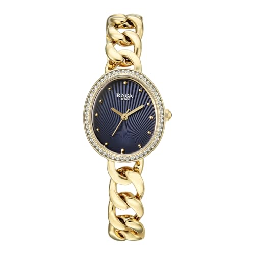 Image of Titan Raga Spotlight with Quartz Analog Blue Dial Gold Brass Strap Watch for Women - 95429YM01
