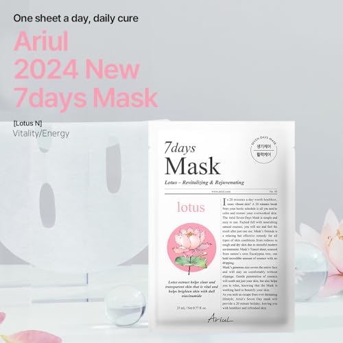 Image of Ariul 7days Mask Lotus N (1 Sheet, 23ml) Brightening Hydrating Korean Sheet Mask with Niacinamide & Ceramide, Glow Boosting Face Mask for Dull Uneven Skin Tone, Barrier Repair Daily Moisturizing Facial Mask