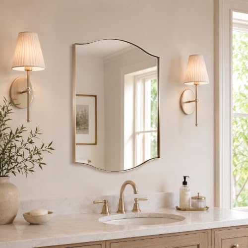Image of ANDY STAR Brushed Champagne Bronze Scalloped Wall Mirror for Bathroom