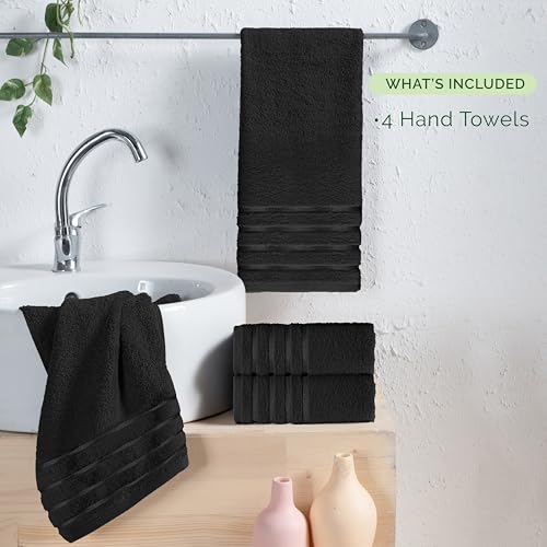 Image of Elegant Comfort 100% Turkish Cotton 4 Lines Viscose Stripe Luxury 4 Pack Hand Towel Set - Ultra Absorbent and Soft 16 x 28 Inch Premium Hotel Spa Quality Towels for Everyday Bath Use, Black