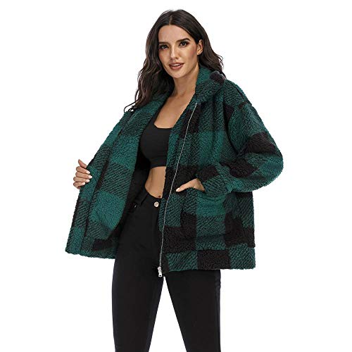 Women\'s Fuzzy Fleece Sherpa Plaid Faux Fur Jacket Zipper Warm Winter Shearling Oversized Outwear Coat (Green,L)