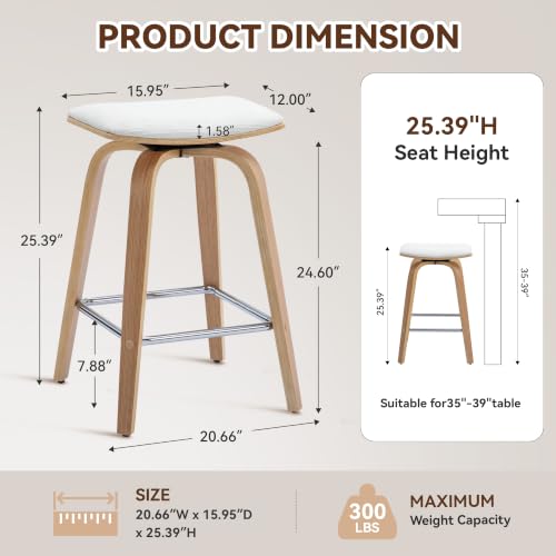 Butacos Altura Barra Set de 2 Unidades - Sin respaldo, Giratorios, Altura 26", con Estructura de Madera y Asiento Tapizado en Lino, Color Beige miniatura 2