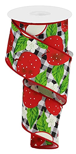 Image of Red Apples Plaid Wired Ribbon - 2 1 /2 inch x 10 Yards, Black & White Checks, Wreath, Spring, Gift Basket Decoration, Fall Harvest Decor, Christmas, Valentine's Day, Easter