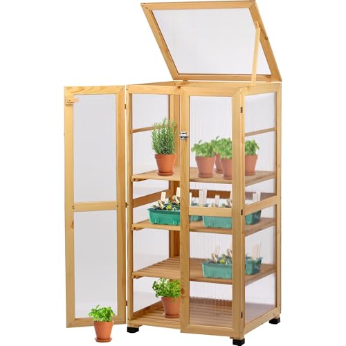 dobar® Großer Anzuchtschrank Dome aus Holz - Gewächshaus mit 4 Ablagen für Innen- und Außenbereich - Treibhaus mit Deckel und Türen - 56 x 52 x 116 cm - Natur