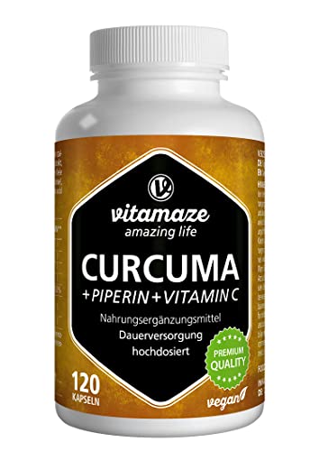 Vitamaze® Cúrcuma Cápsulas + Curcumina Piperina + Vitamina C, 120 Cápsulas Veganas Altamente Biodisponible, 95% Natural Pura Extracto Curcumina, Suplemento sin Aditivos Innecesarios Cover