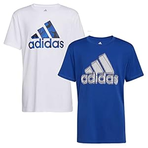 adidas Youth Boy’s 2 Pack Short Sleeve Logo T-Shirts (Medium(10/12), White/Blue)