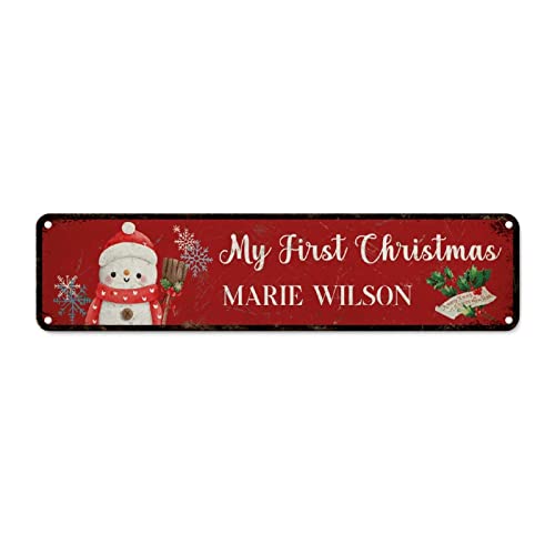 Plaque murale vintage en métal Noël bonhomme de neige rouge 61x15cm