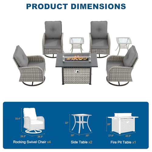 Image of 7-Piece Small Patio Furniture Set, Outdoor Swivel Rocking Chairs Set with 55,000 BTU Fire Pit Table Wicker Chairs and Tempered Glass Side Table, Patio Bistro Set for Balcony, Deck, Porch